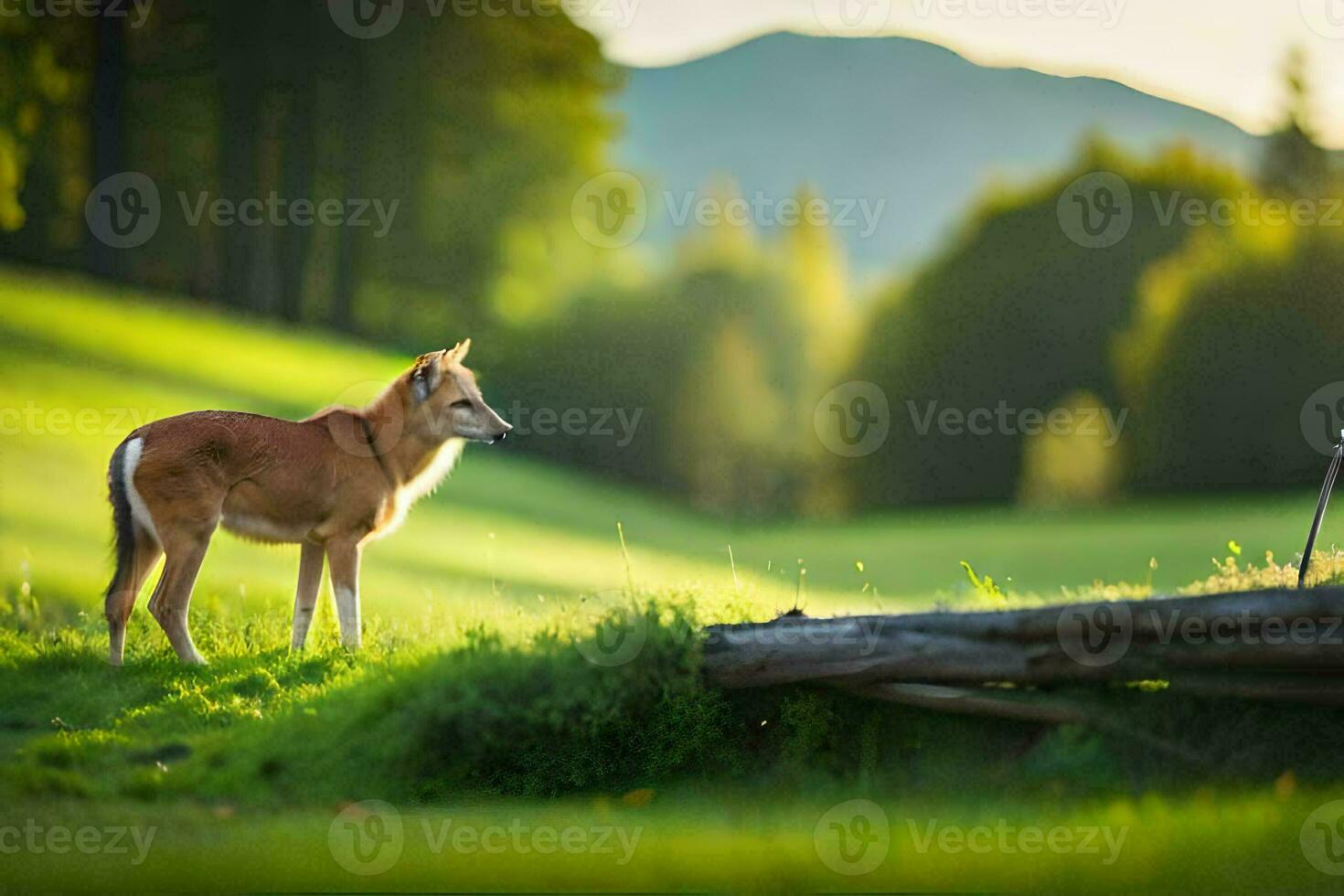 a deer stands in the grass near a log. AI-Generated photo