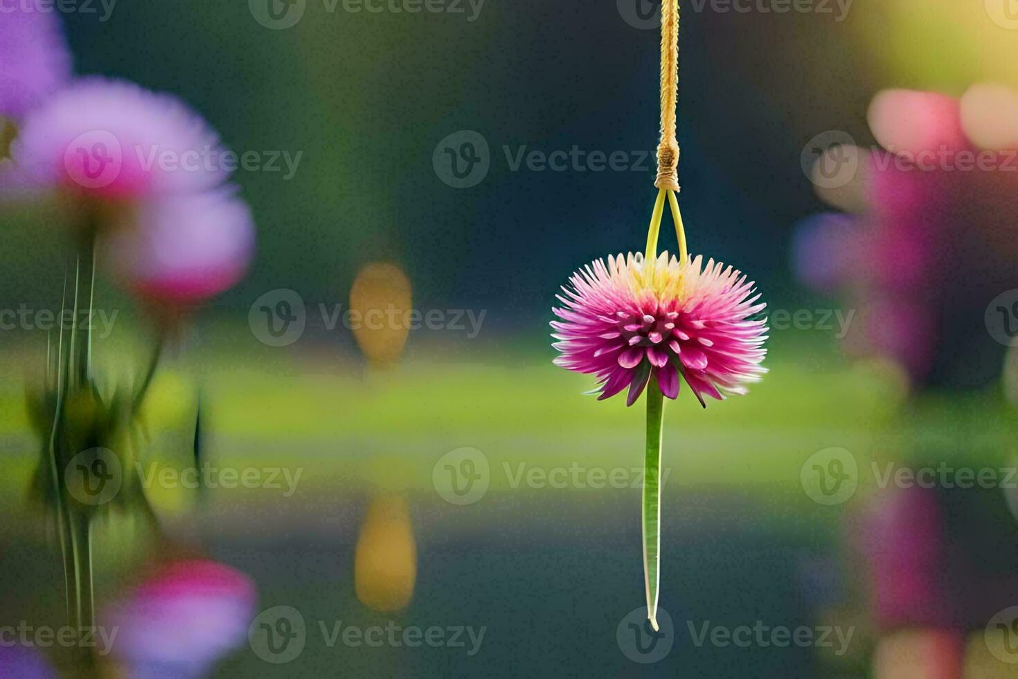 a pink flower hanging from a string. AI-Generated photo
