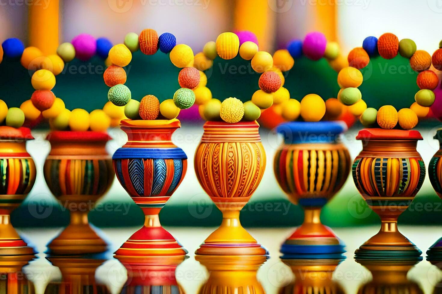 colorful vases with colorful beads on them. AI-Generated photo