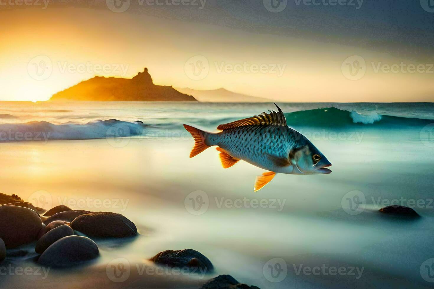 a fish is flying over the ocean at sunset. AI-Generated photo