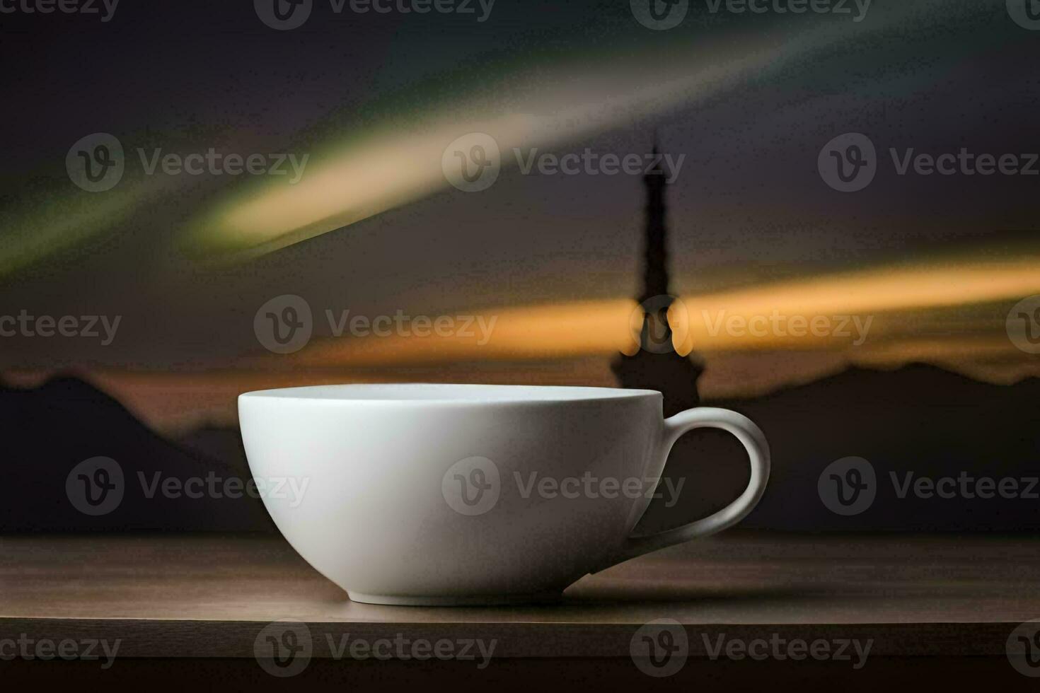 a cup of coffee on a table with the eiffel tower in the background. AI-Generated photo