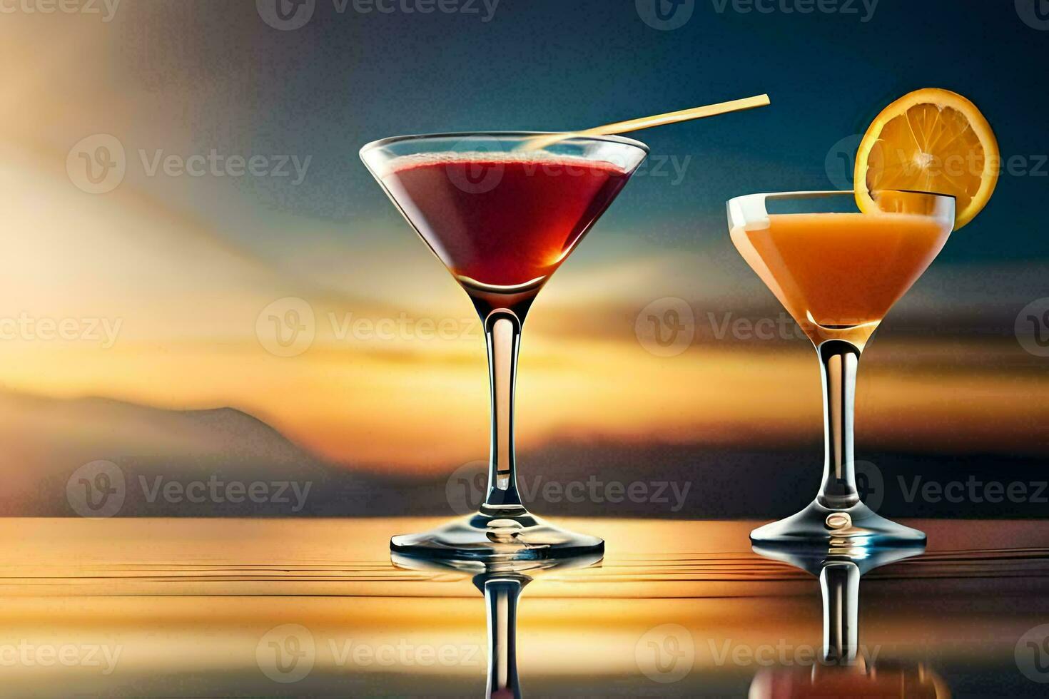 two glasses of cocktails with orange slices on the table. AI-Generated photo
