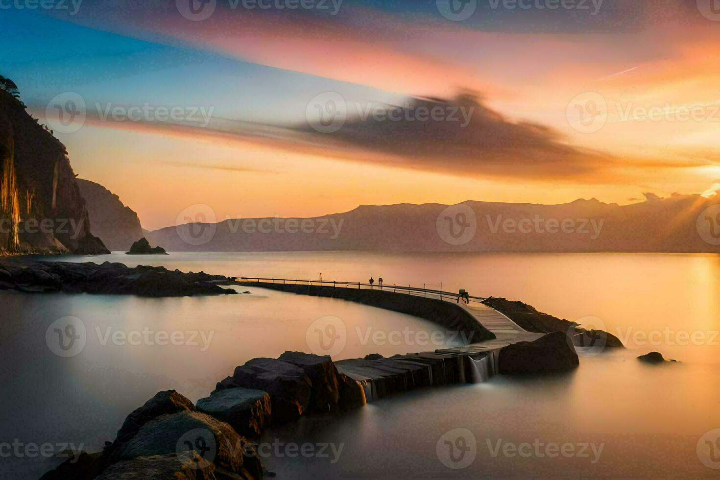 un largo exposición fotografía de un muelle a puesta de sol. generado por ai foto