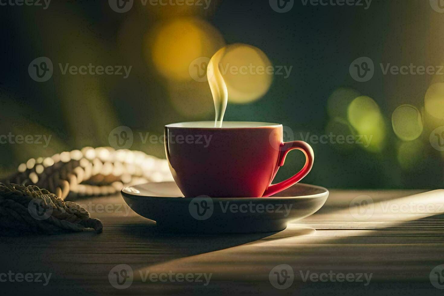 a red cup of coffee on a wooden table. AI-Generated photo