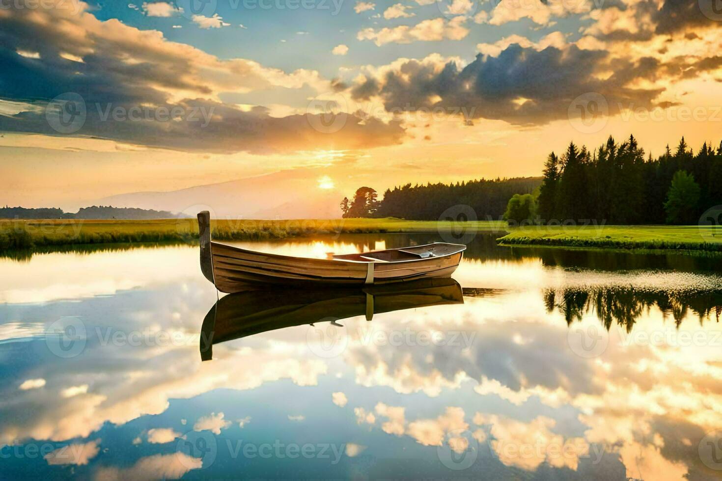 a boat on the lake at sunset. AI-Generated photo