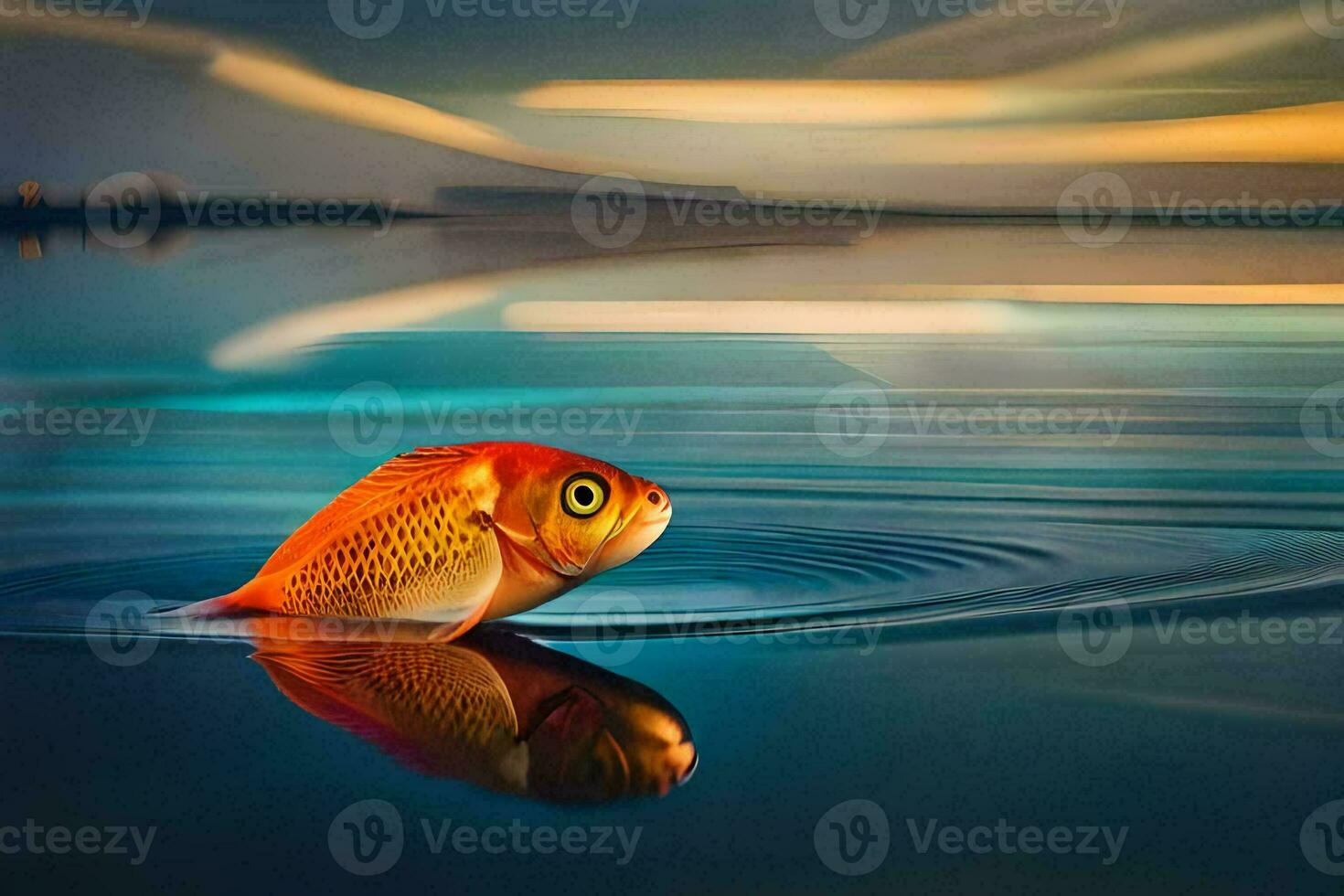 un pescado nadando en el agua con un puesta de sol en el antecedentes. generado por ai foto