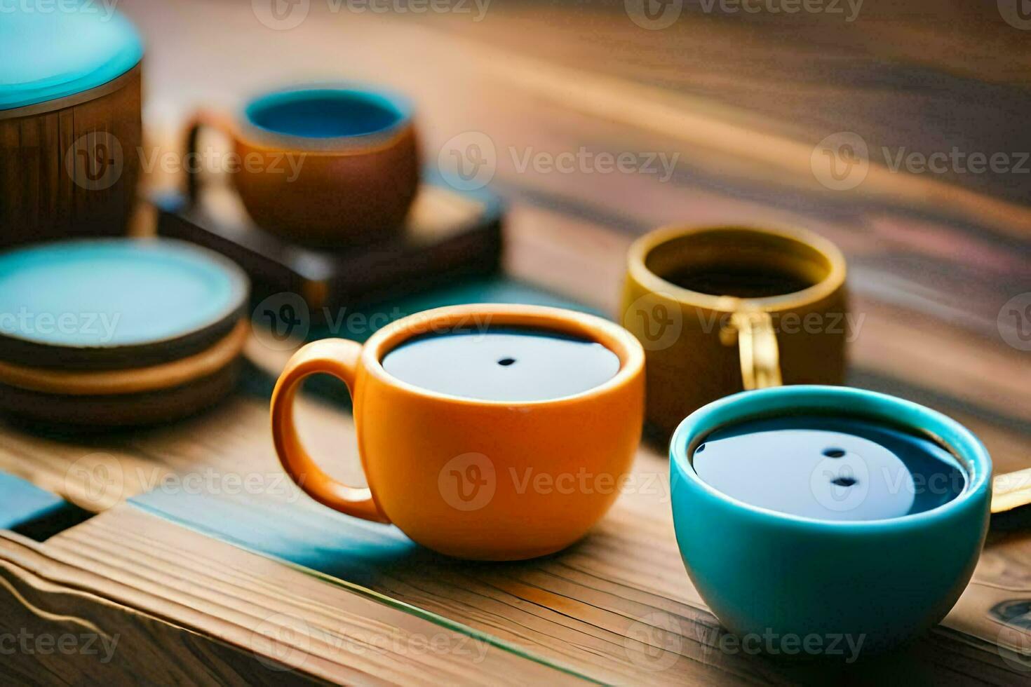 colorful cups of coffee on a wooden table. AI-Generated photo