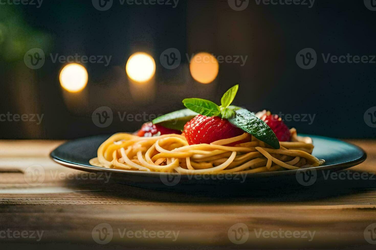 spaghetti with strawberries and mint leaves on a plate. AI-Generated photo