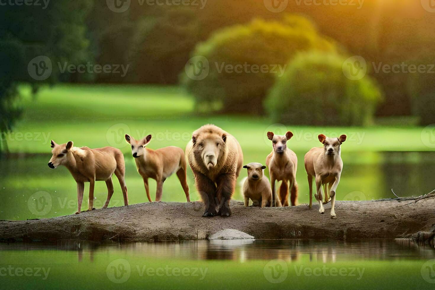 a bear and her cubs standing on a log in front of a lake. AI-Generated photo