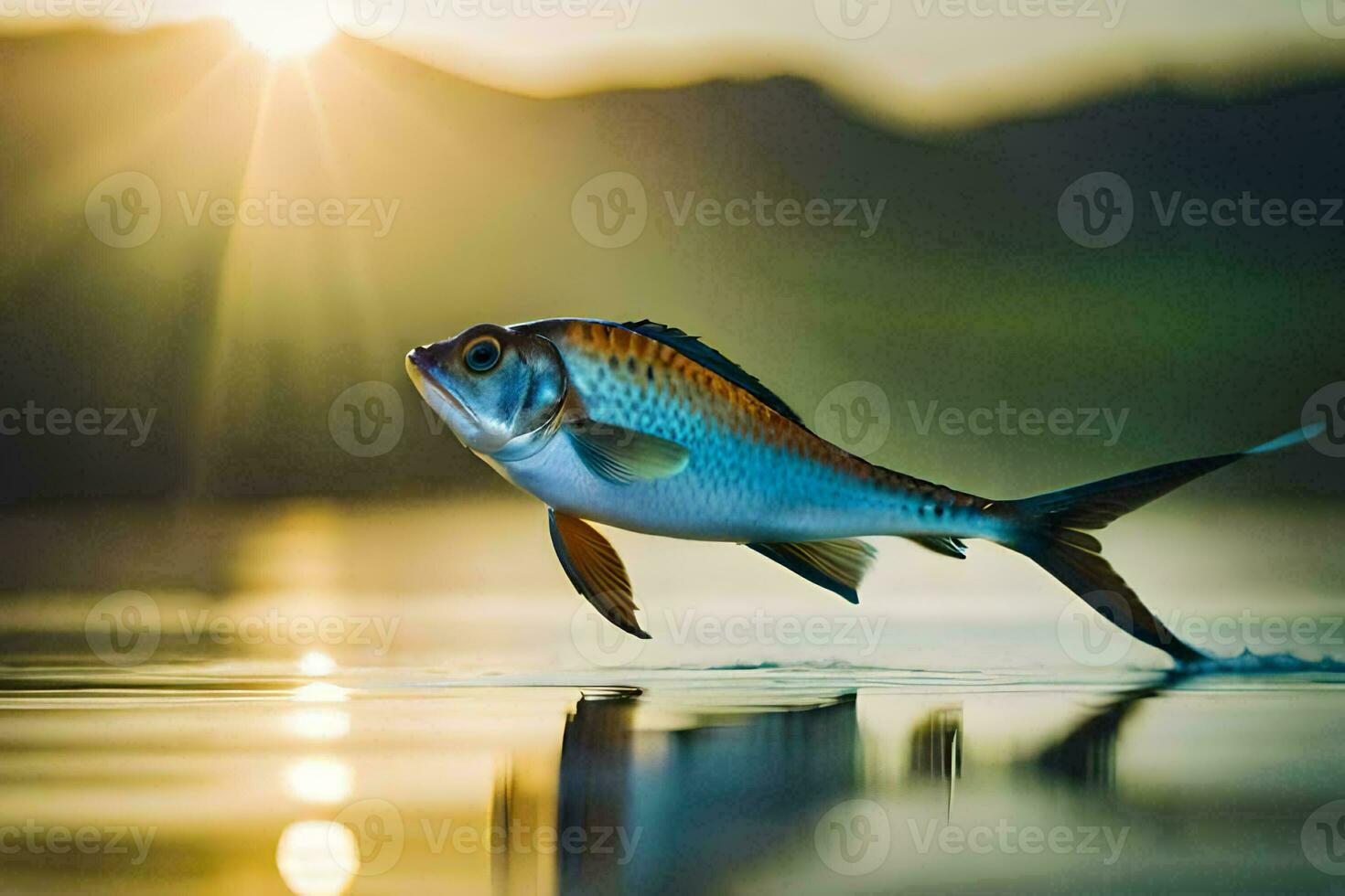 a fish is jumping out of the water at sunset. AI-Generated photo