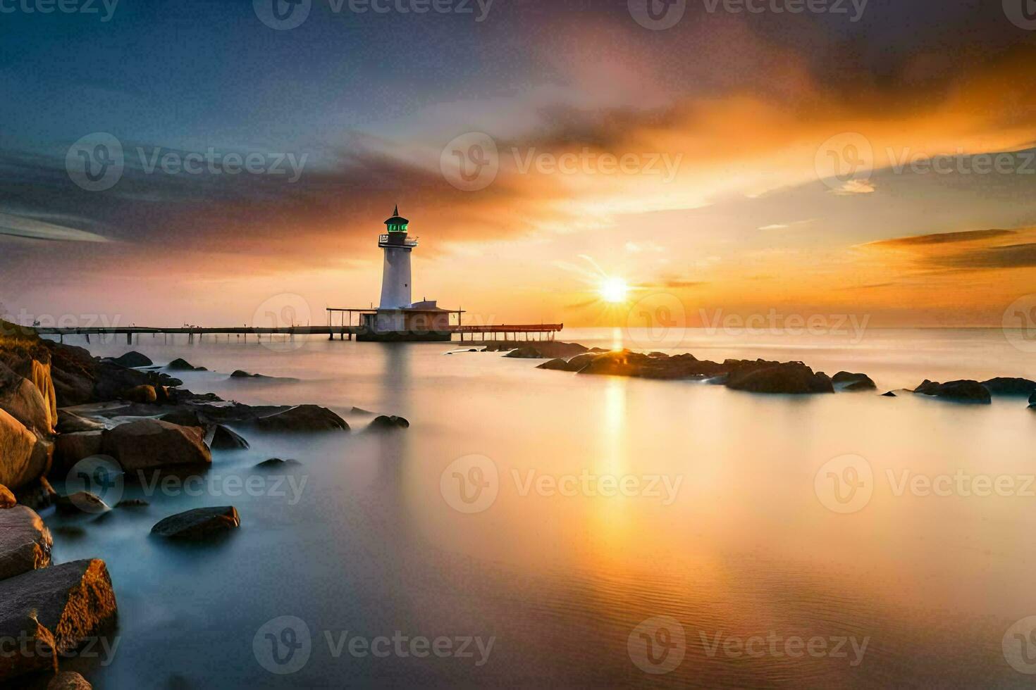 a lighthouse stands on the shore of a body of water at sunset. AI-Generated photo