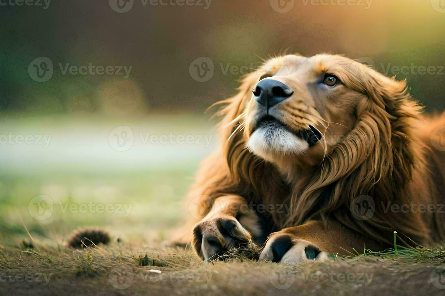 a lion laying on the grass with its paws up. AI-Generated photo
