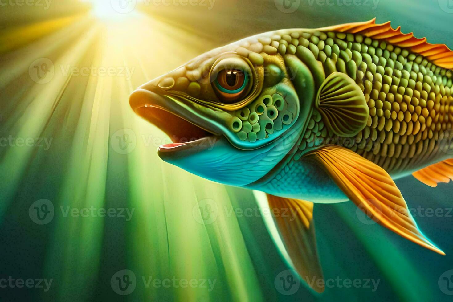pescado en el agua con luz de sol brillante a través de. generado por ai foto