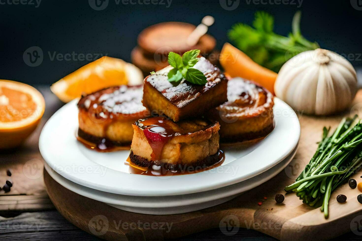three pieces of meat on a plate with oranges and herbs. AI-Generated photo
