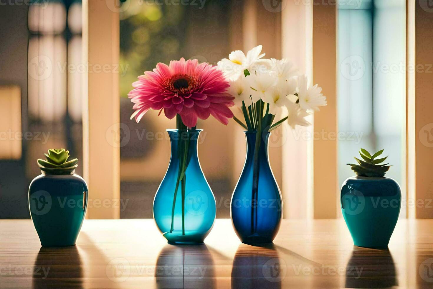 three blue vases with flowers on a table. AI-Generated photo