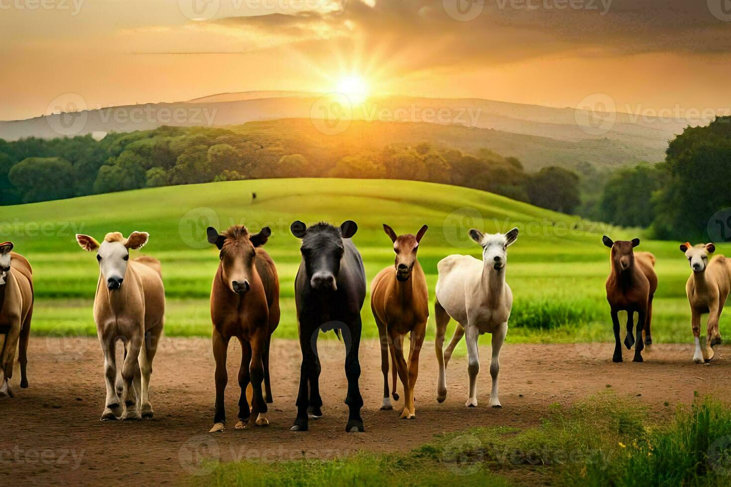 a group of horses standing in a field at sunset. AI-Generated photo