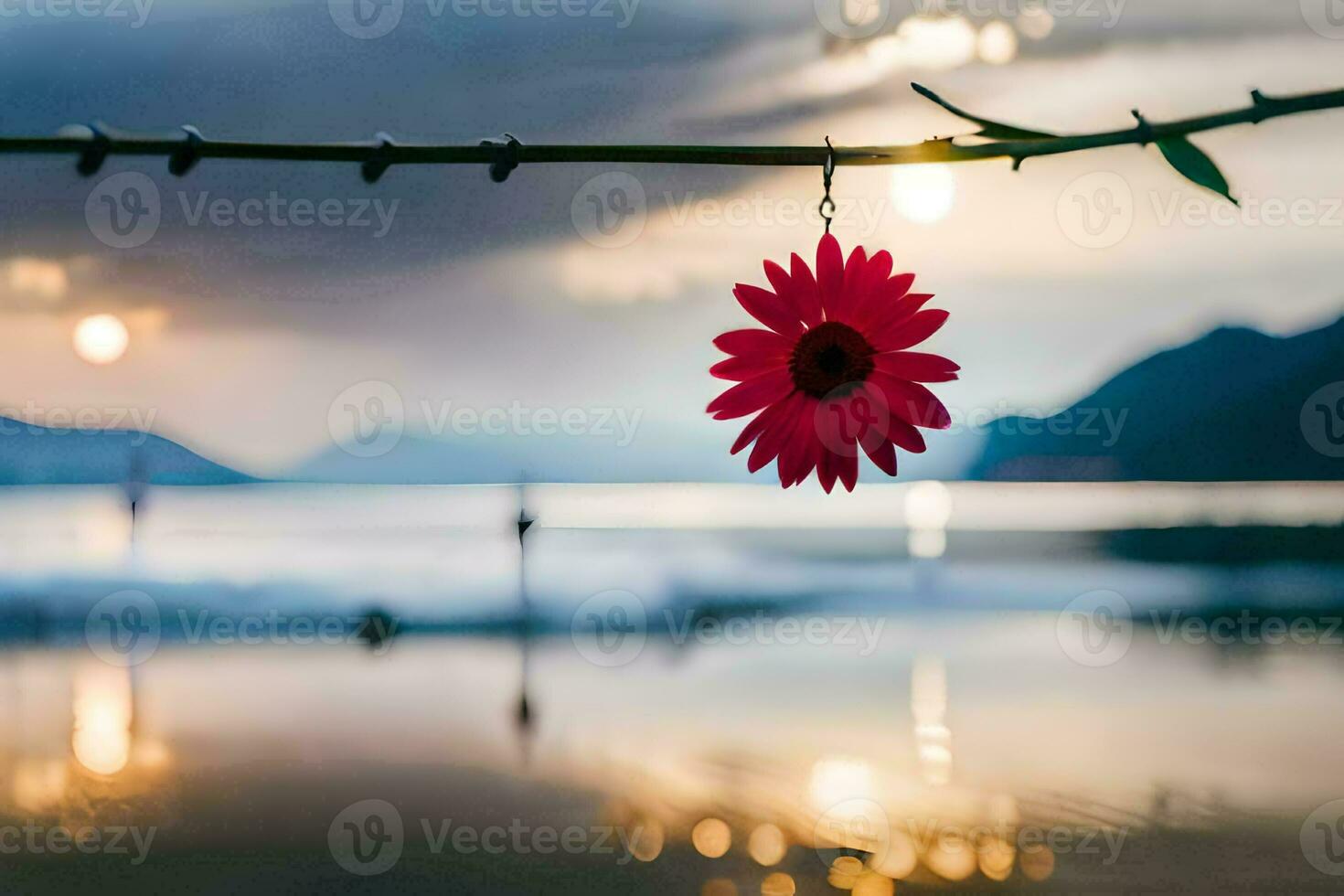 a red flower hangs from a wire over a lake. AI-Generated photo
