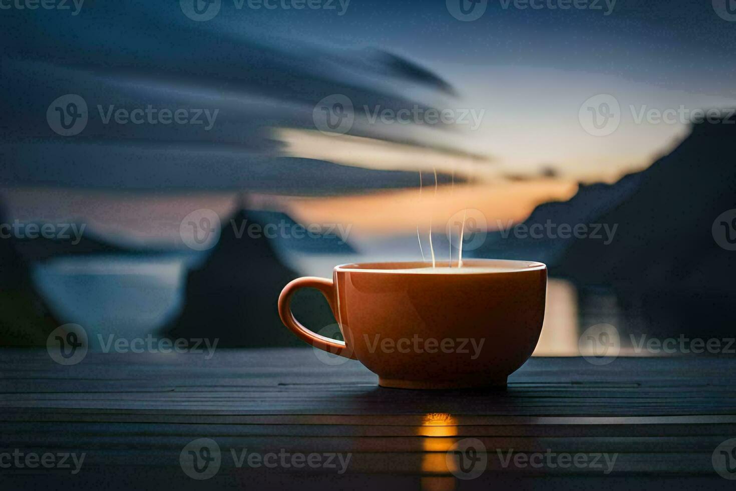 café taza en el mesa, el mar, montañas, amanecer, el mar, el mar. generado por ai foto
