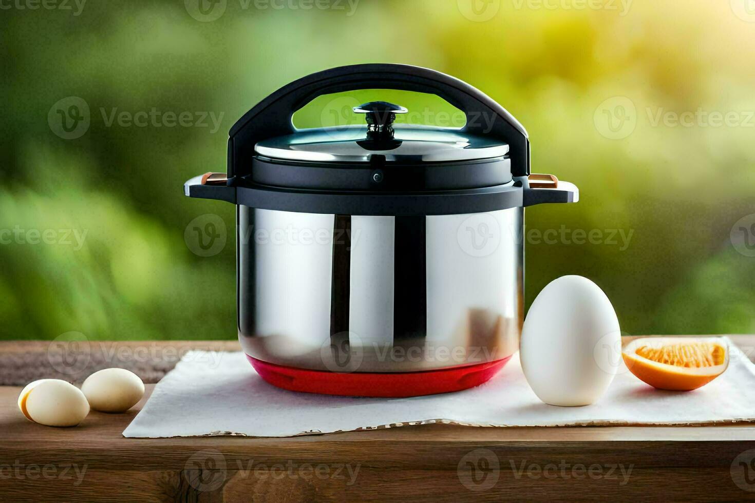 an electric pressure cooker with an egg and an orange. AI-Generated photo