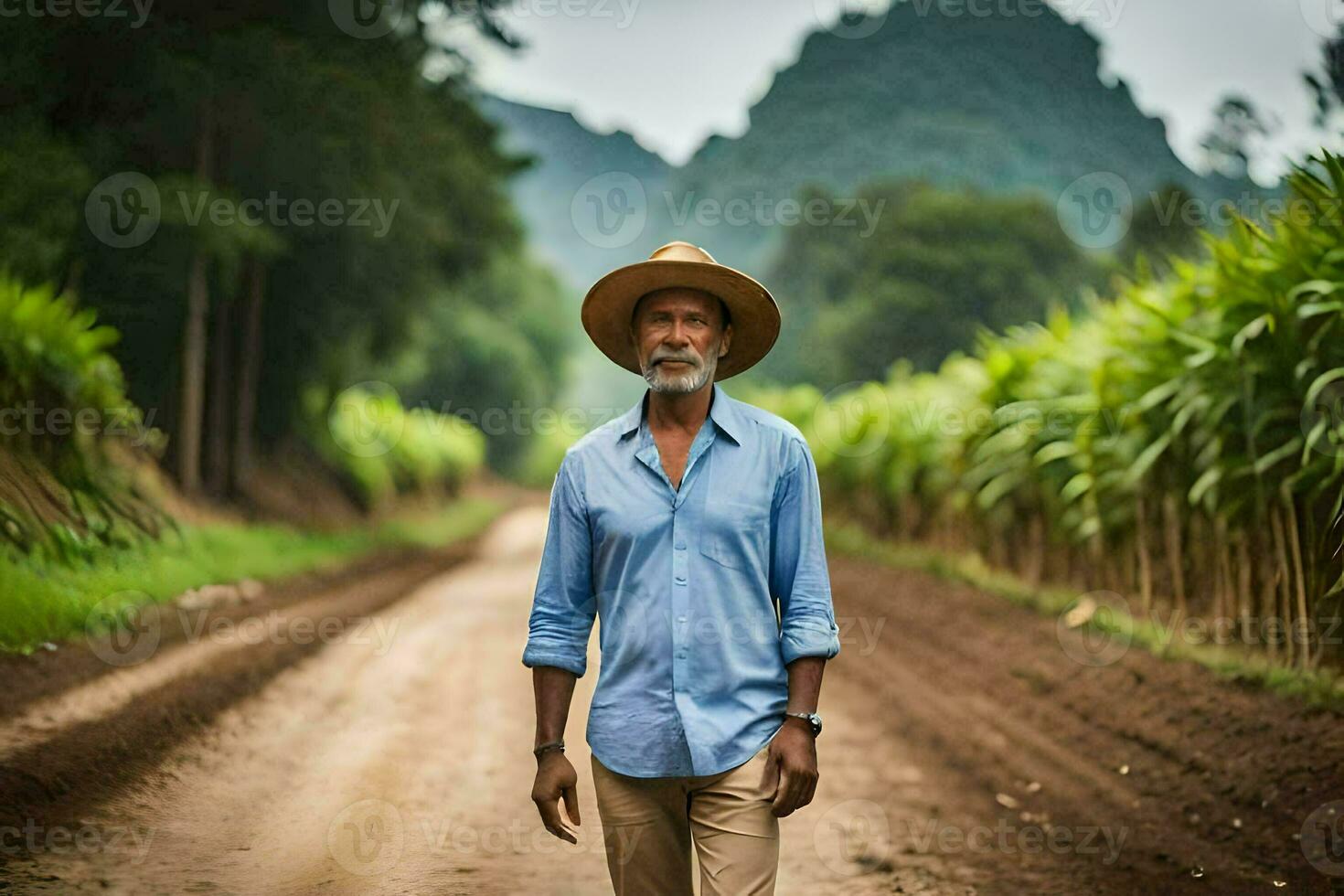 a man in a hat standing on a dirt road. AI-Generated photo