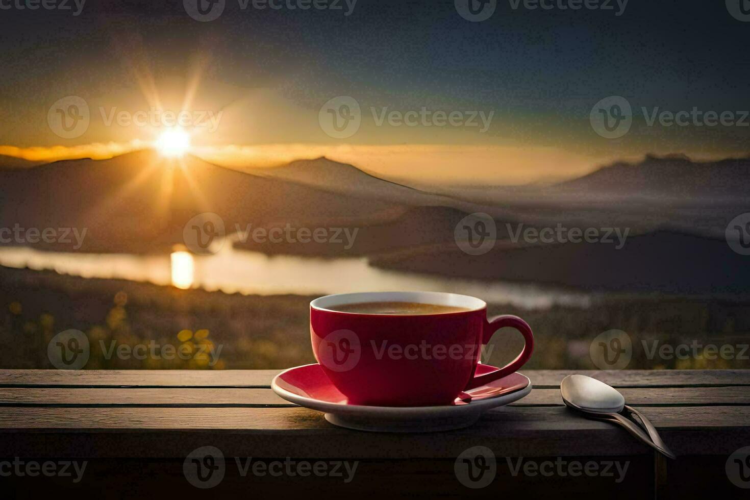 a cup of coffee on a wooden table overlooking a lake and mountains. AI-Generated photo