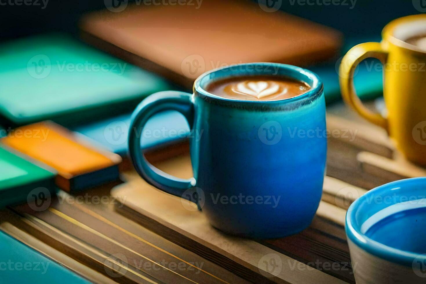 two colorful coffee mugs sit on a wooden table. AI-Generated photo