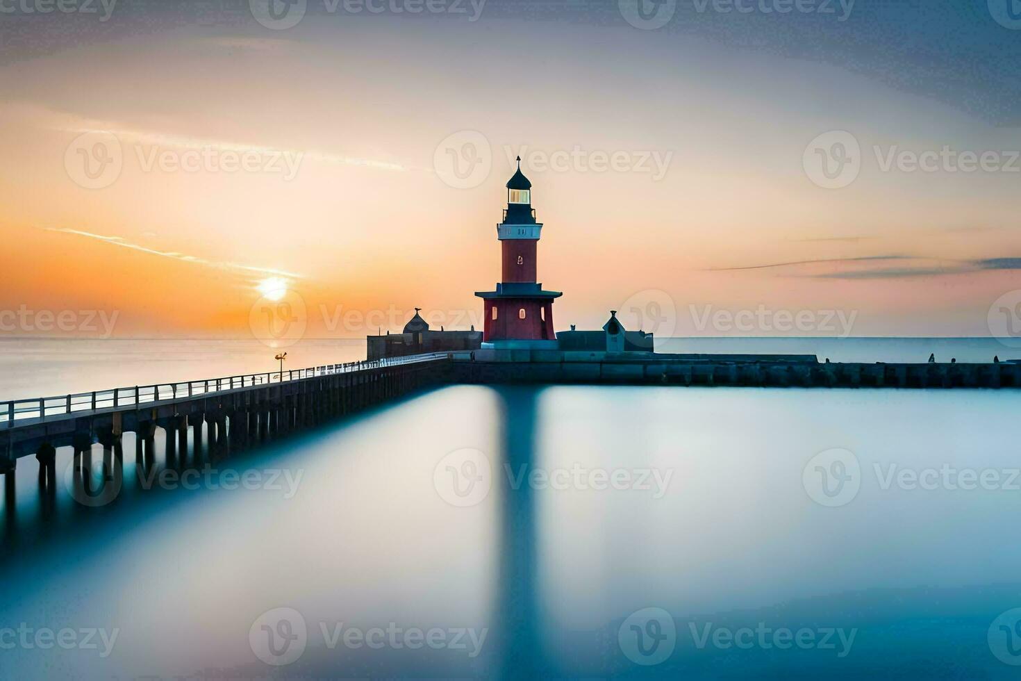 a long exposure photograph of a lighthouse at sunset. AI-Generated photo