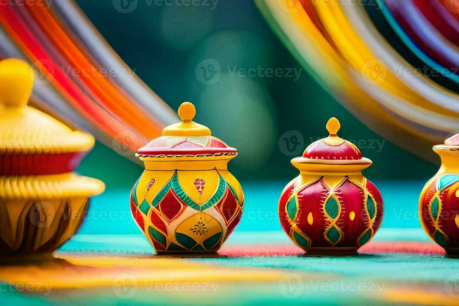 colorful pots and vases on a colorful background. AI-Generated photo