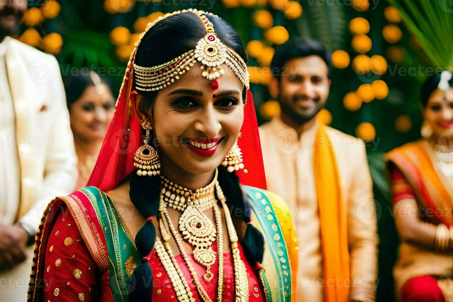 indian bride in traditional attire with her groom. AI-Generated photo