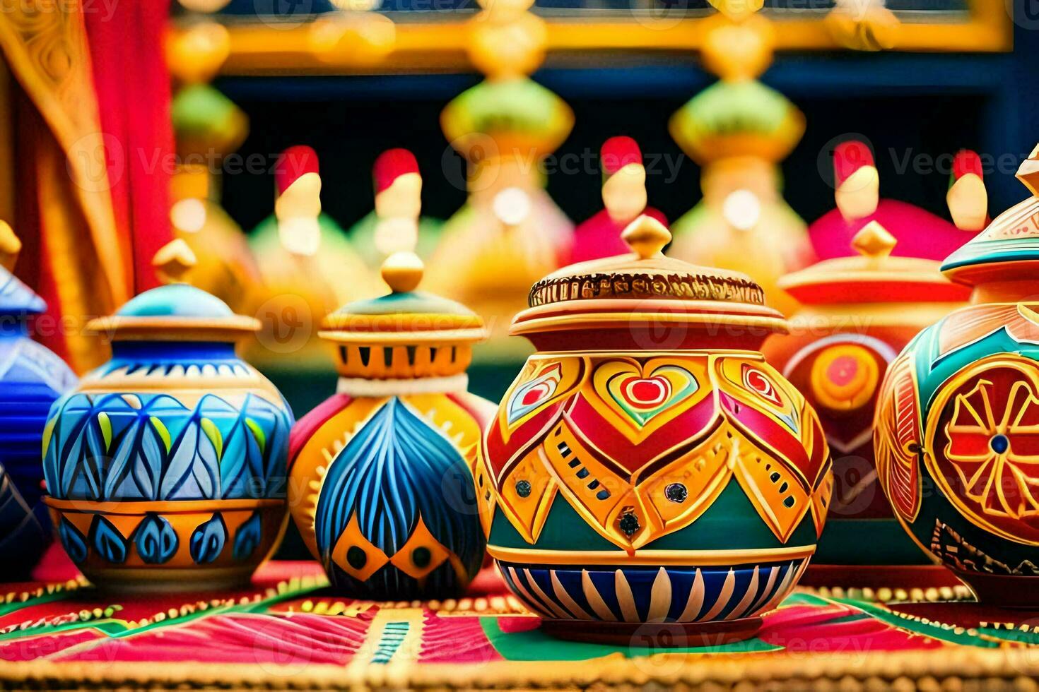 colorful vases are displayed on a table. AI-Generated photo