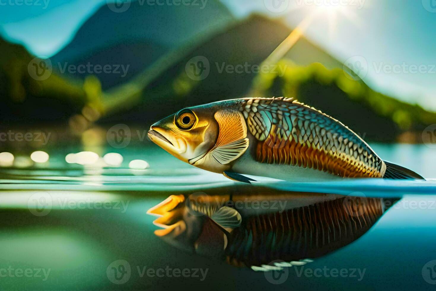 a fish is floating in the water with mountains in the background. AI-Generated photo