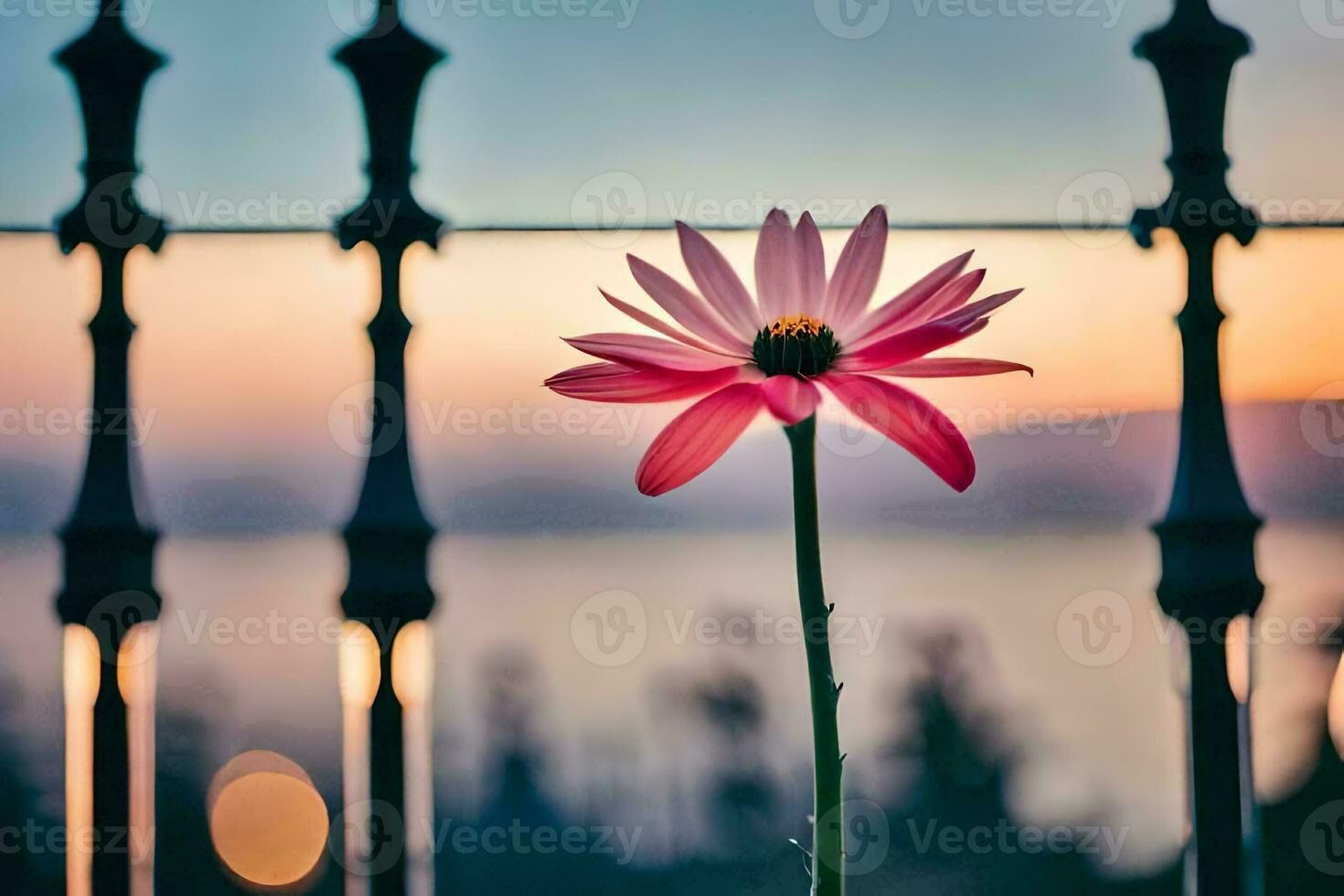 un soltero rosado flor es en pie en frente de un cerca. generado por ai foto