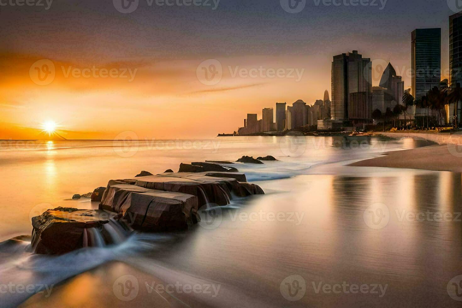a beautiful sunset over the ocean with rocks in the water. AI-Generated photo