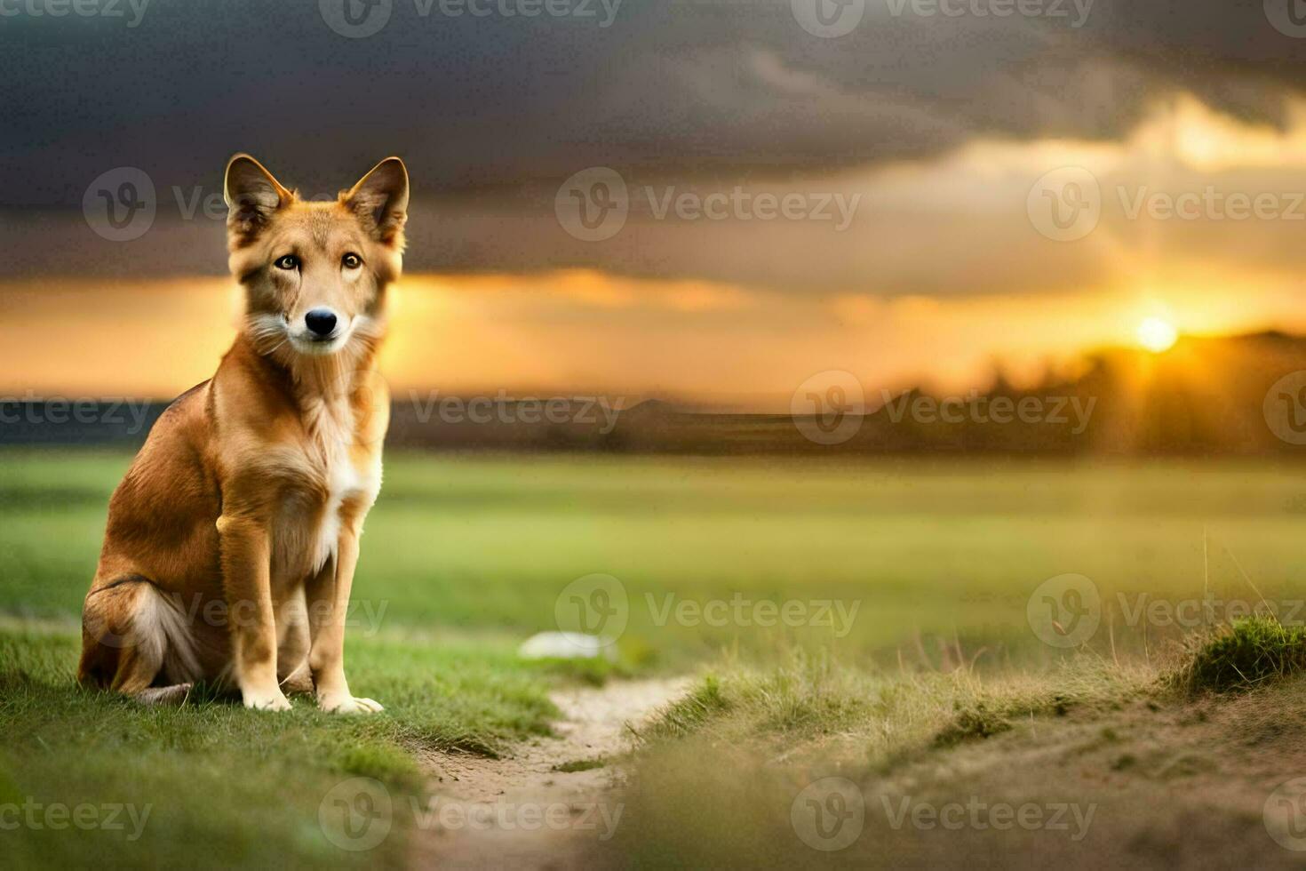 a dog sitting on the grass at sunset. AI-Generated photo