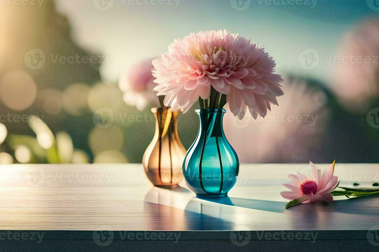 two vases with pink flowers on a table. AI-Generated photo
