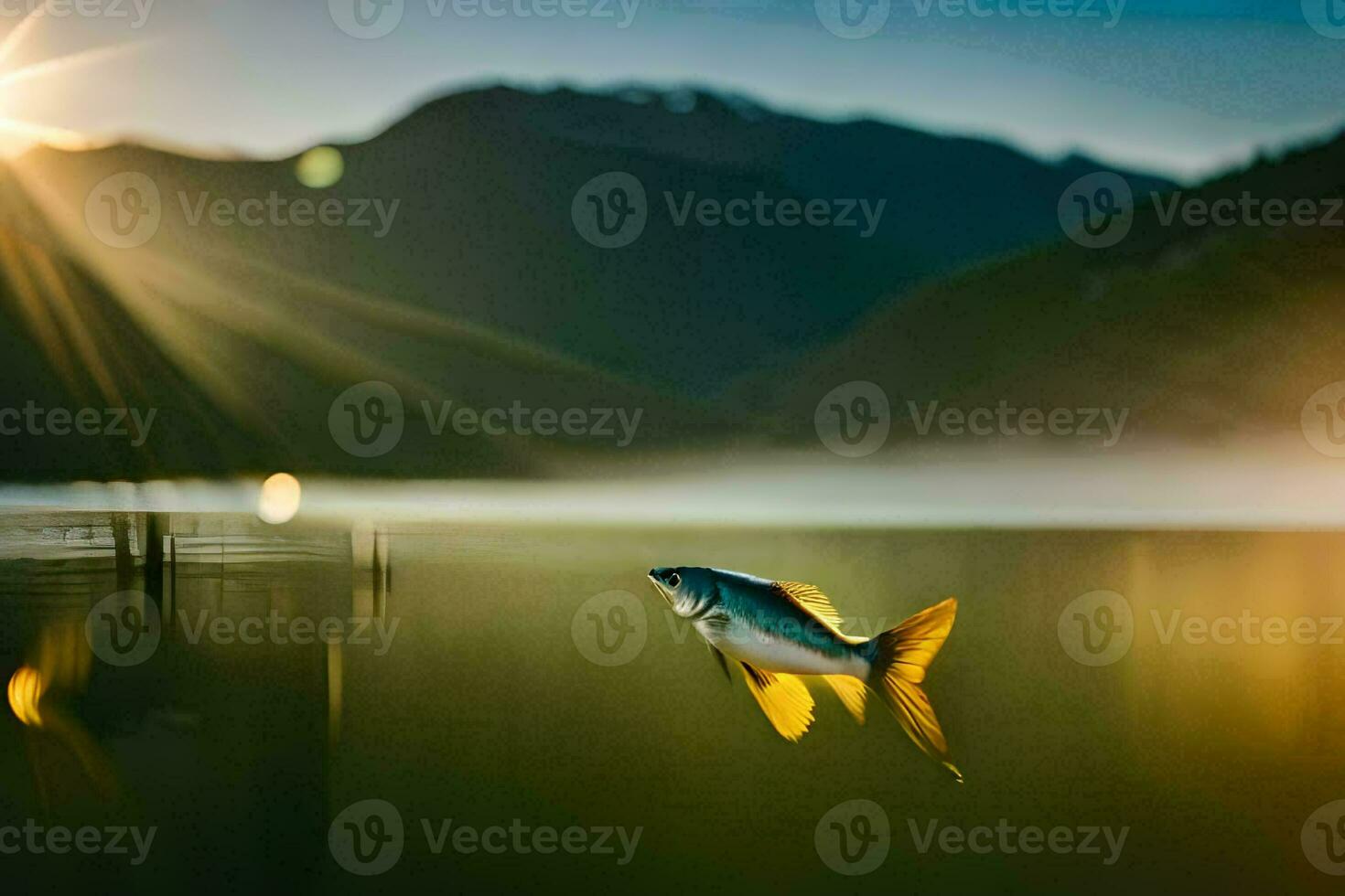 un pescado es nadando en el agua a puesta de sol. generado por ai foto