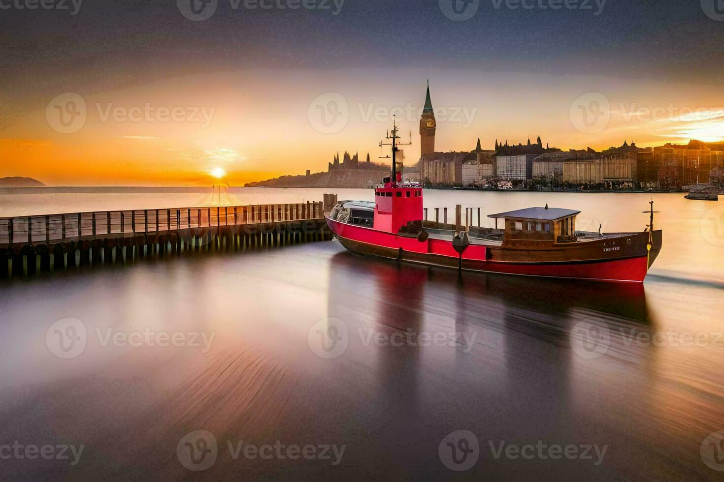 un rojo barco se sienta en el agua a puesta de sol. generado por ai foto