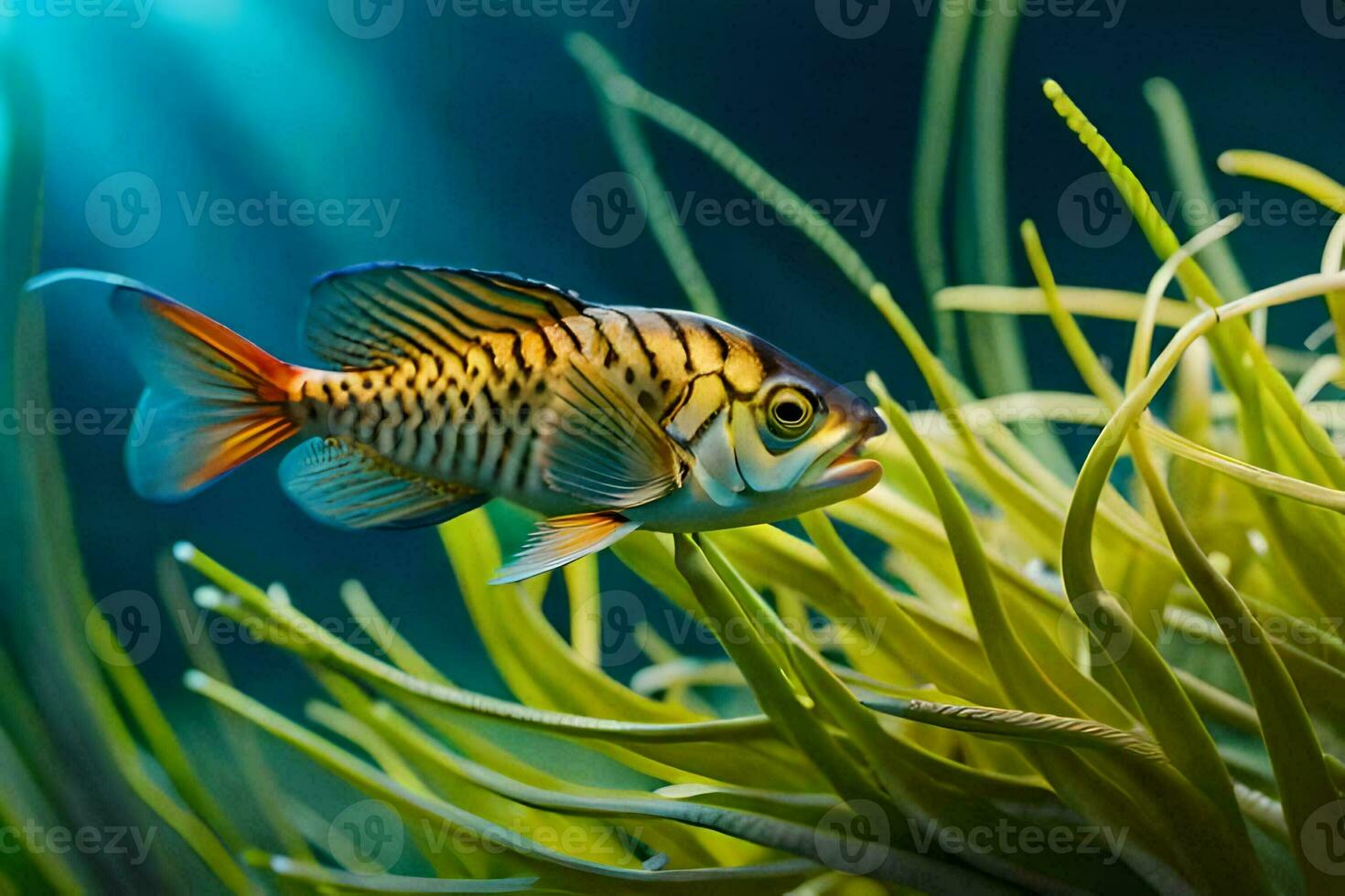 a fish swimming in the water with grass. AI-Generated photo