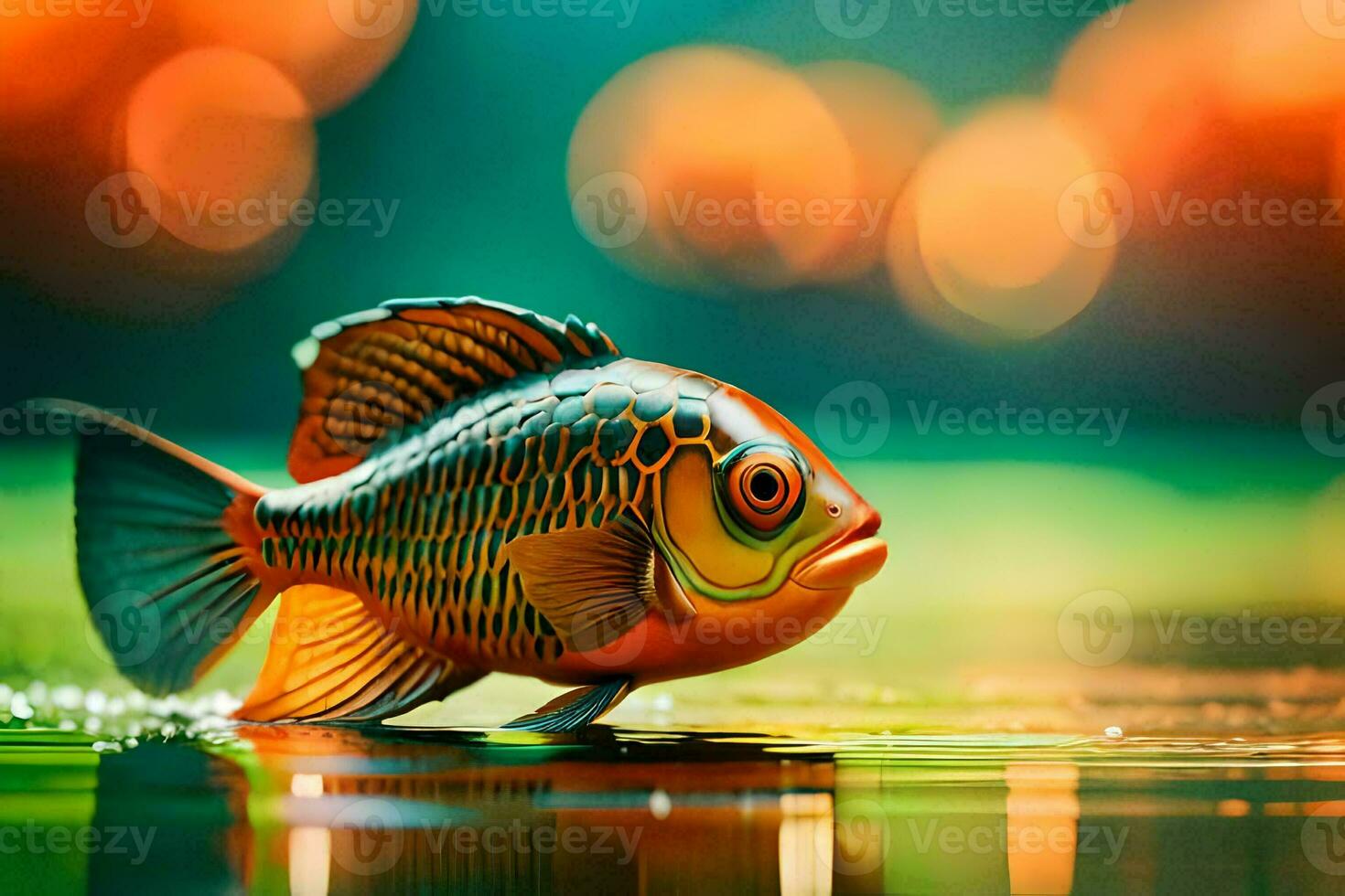a fish is standing on the water with a blurry background. AI-Generated photo