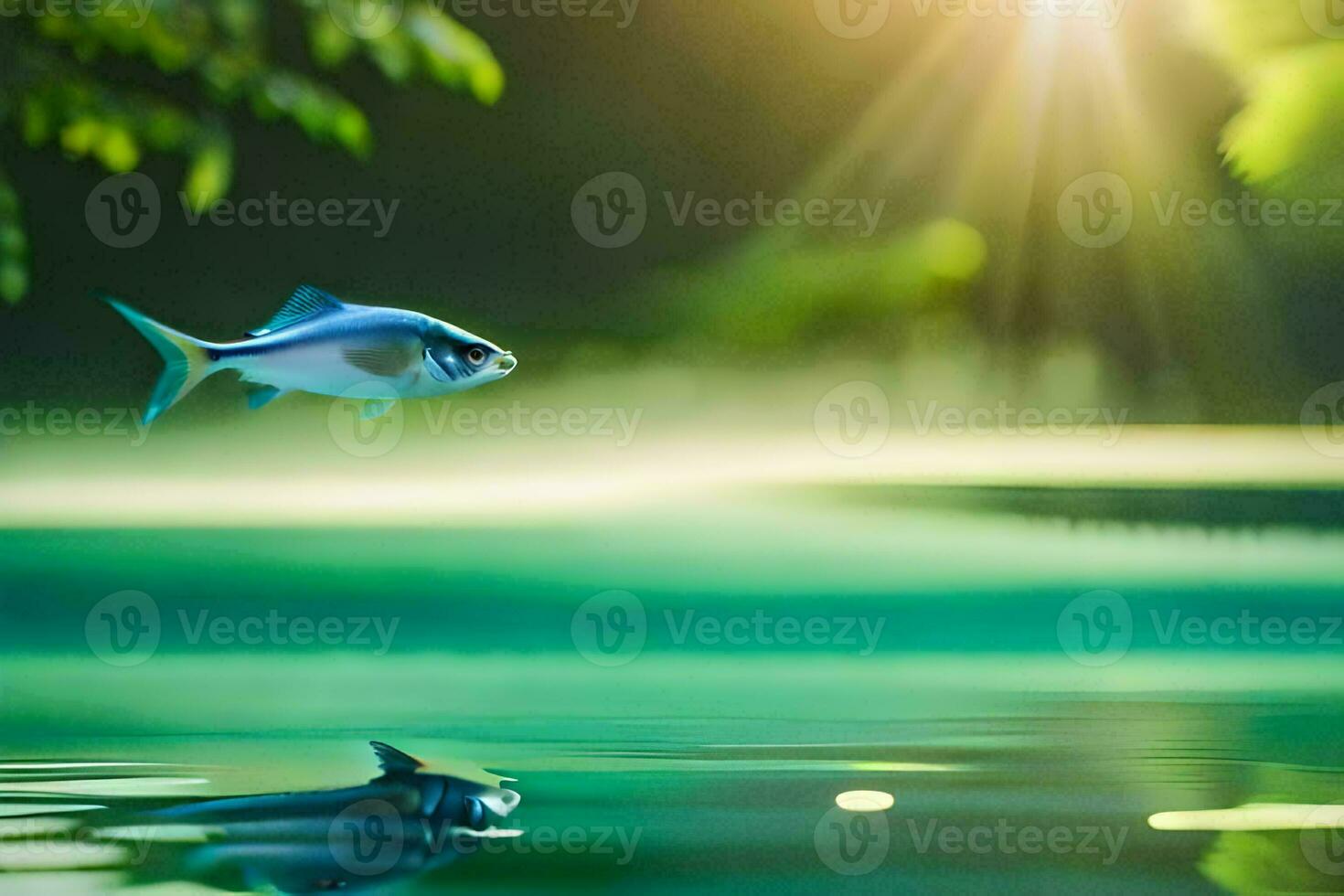 a fish is floating in the water with sunlight shining on it. AI-Generated photo