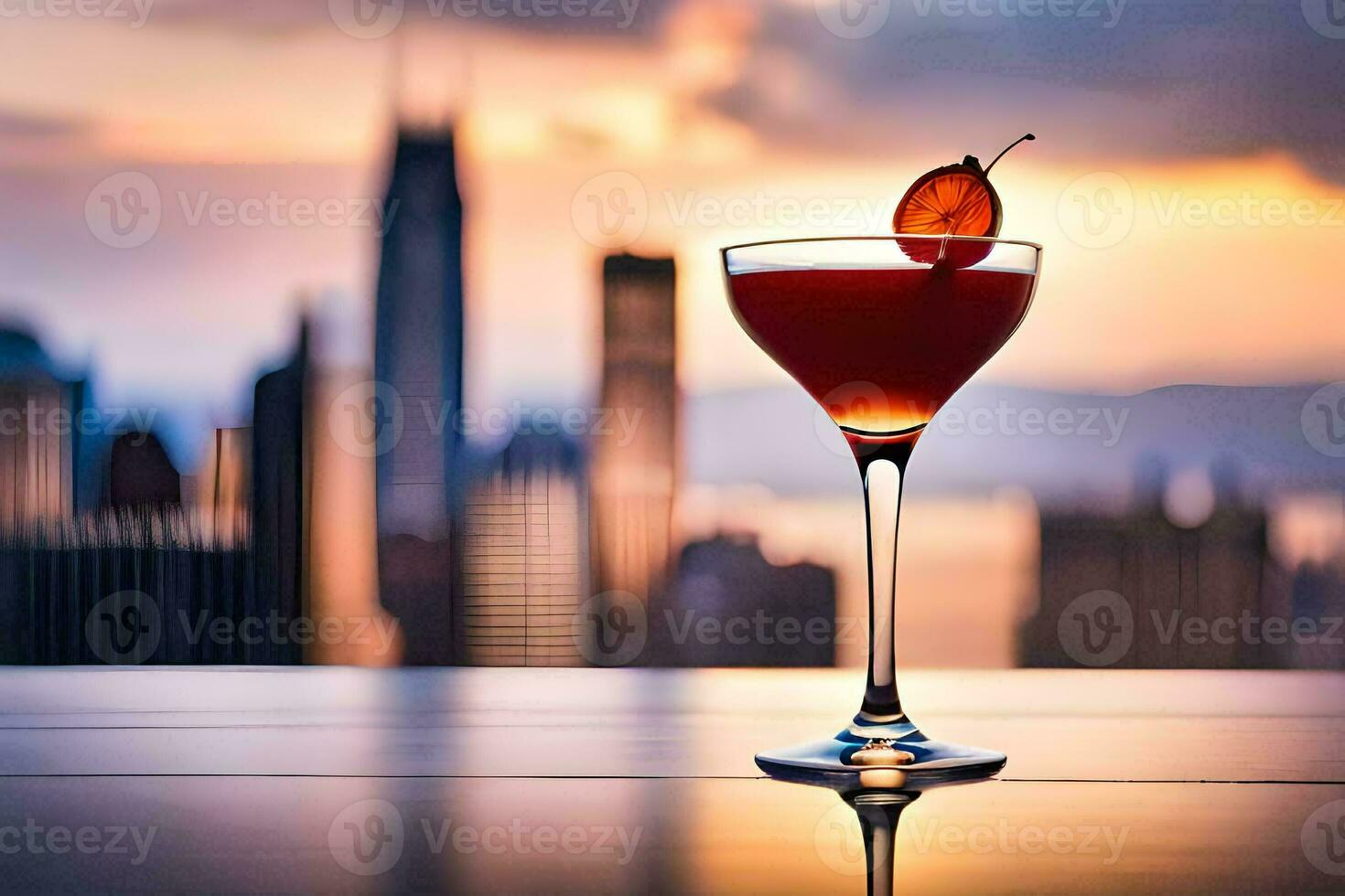 a cocktail with a cherry on top of a table in front of a city skyline. AI-Generated photo