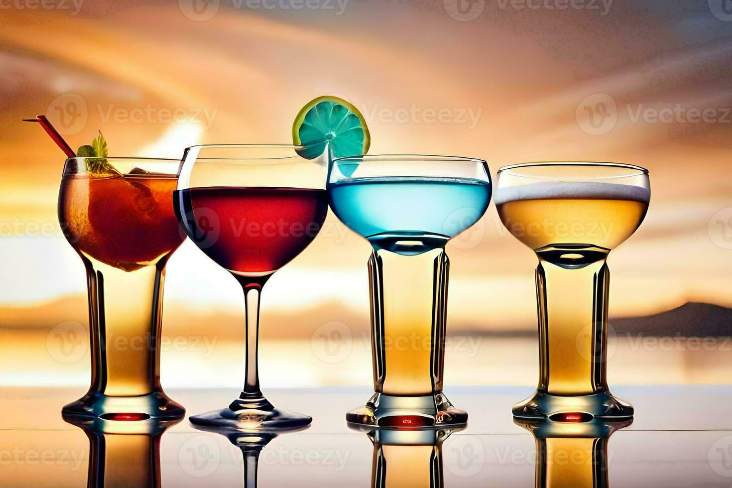 four glasses of different colored drinks on a table. AI-Generated photo
