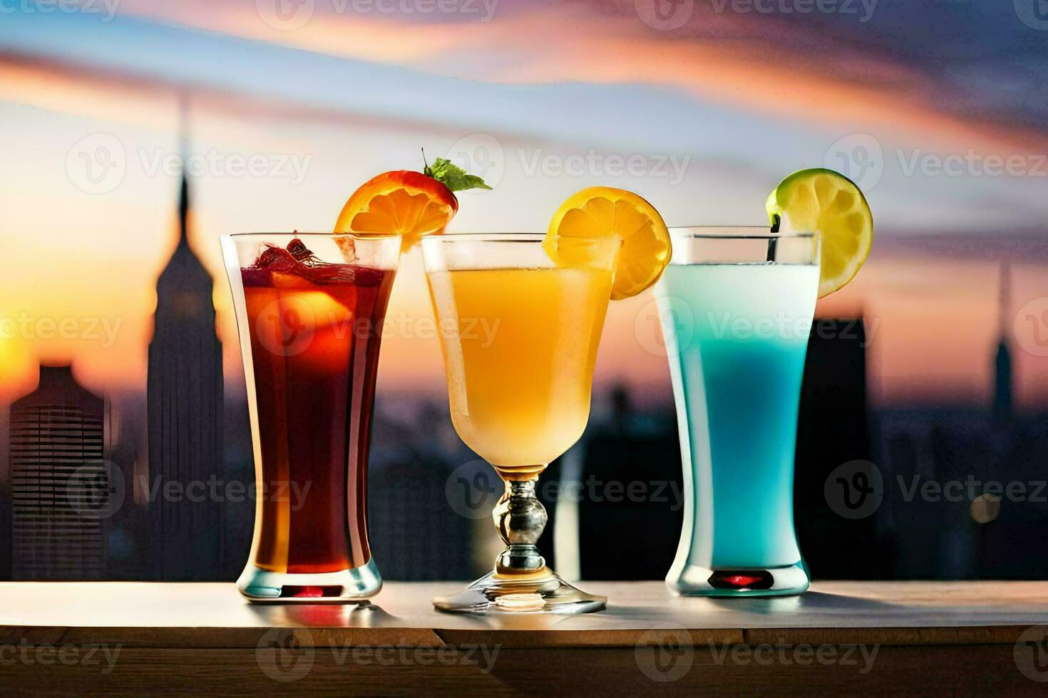 Tres bebidas con diferente colores en un mesa con un ciudad en el antecedentes. generado por ai foto