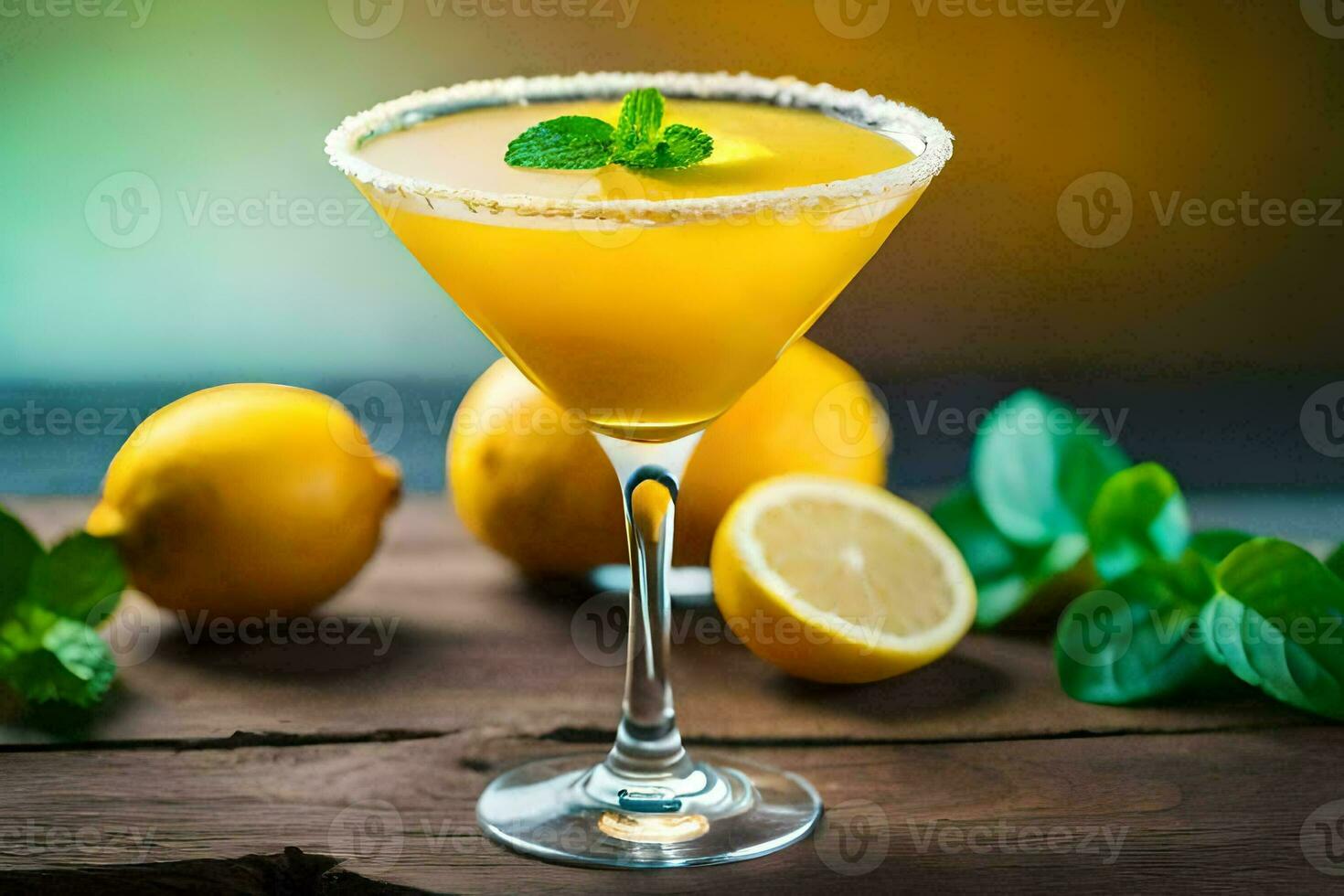 a cocktail with lemon and mint leaves. AI-Generated photo