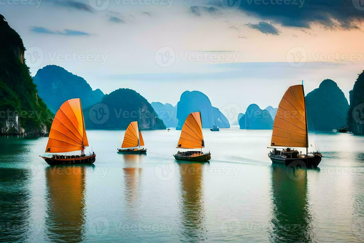 four boats with orange sails in the water. AI-Generated photo