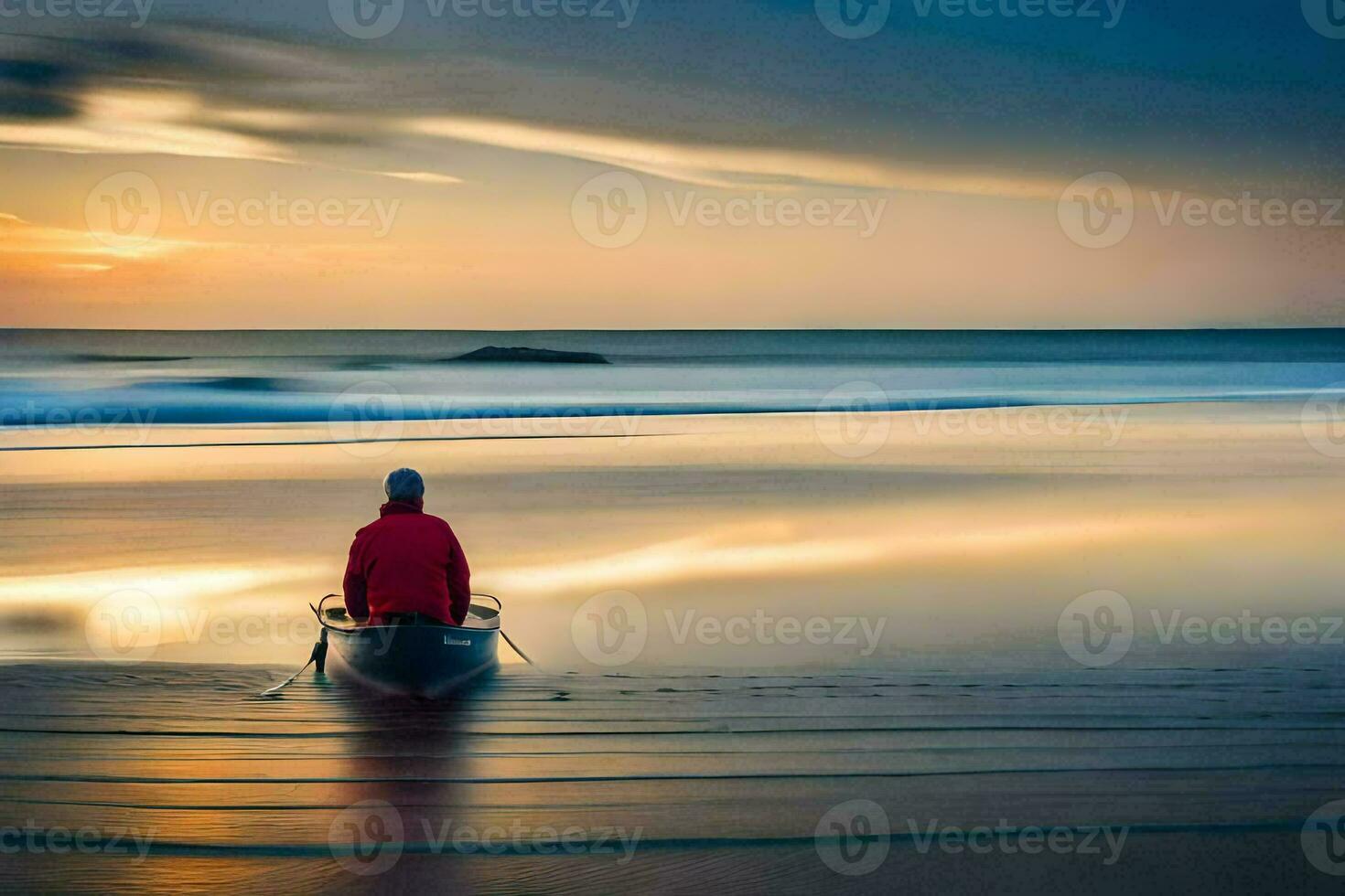 un hombre en un canoa en el playa a puesta de sol. generado por ai foto