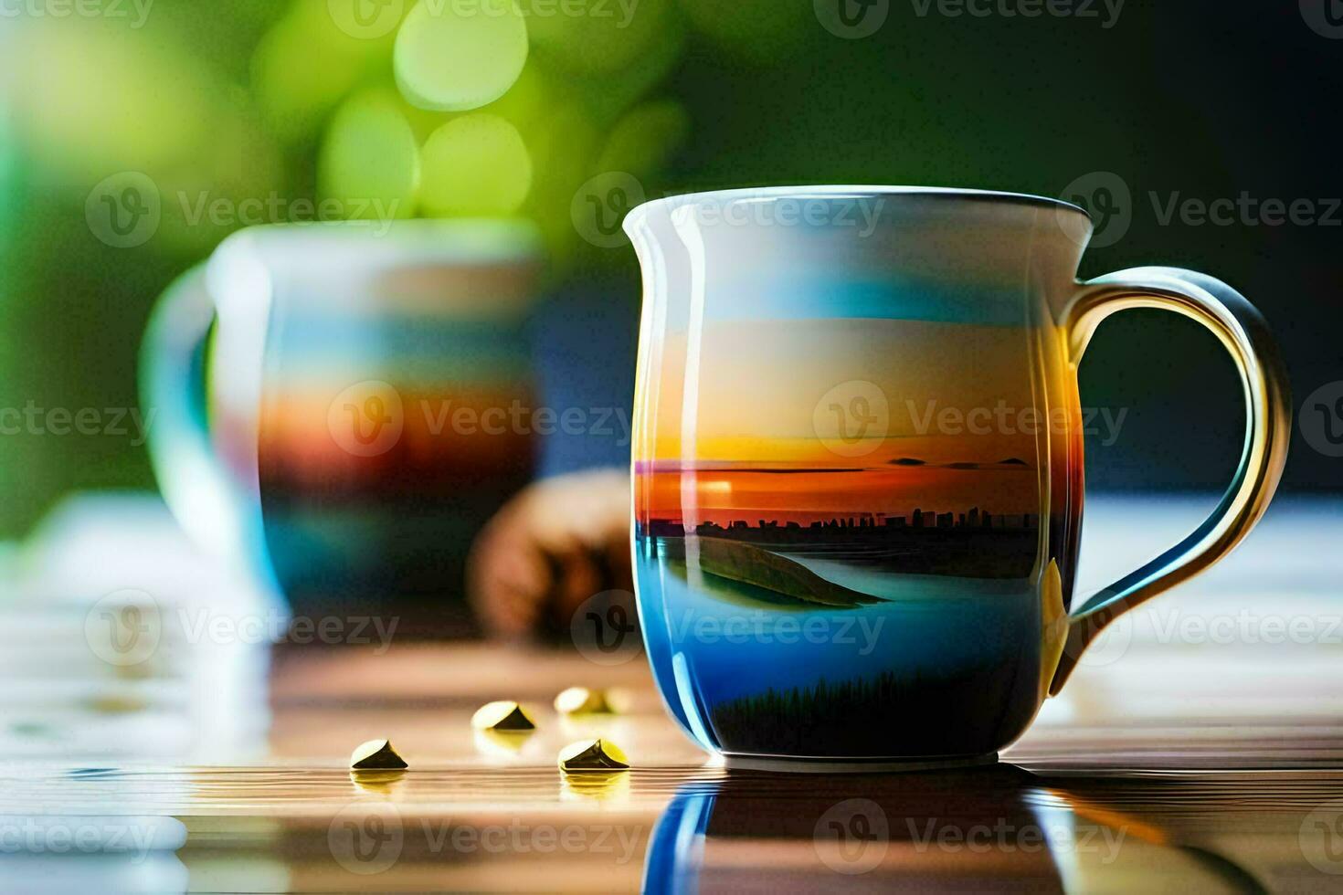 two coffee cups with a sunset view on a table. AI-Generated photo