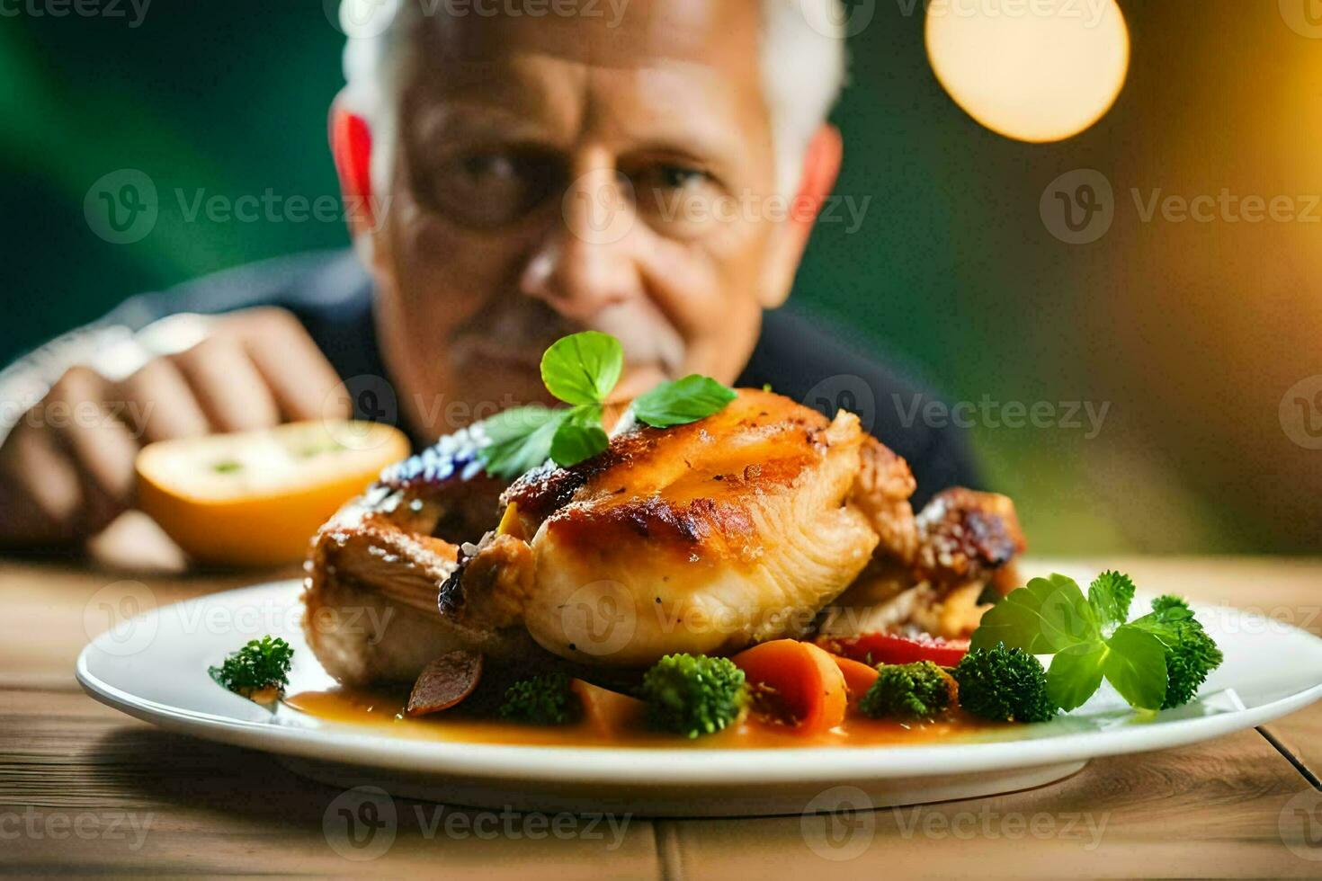 un más viejo hombre es mirando a un plato de alimento. generado por ai foto