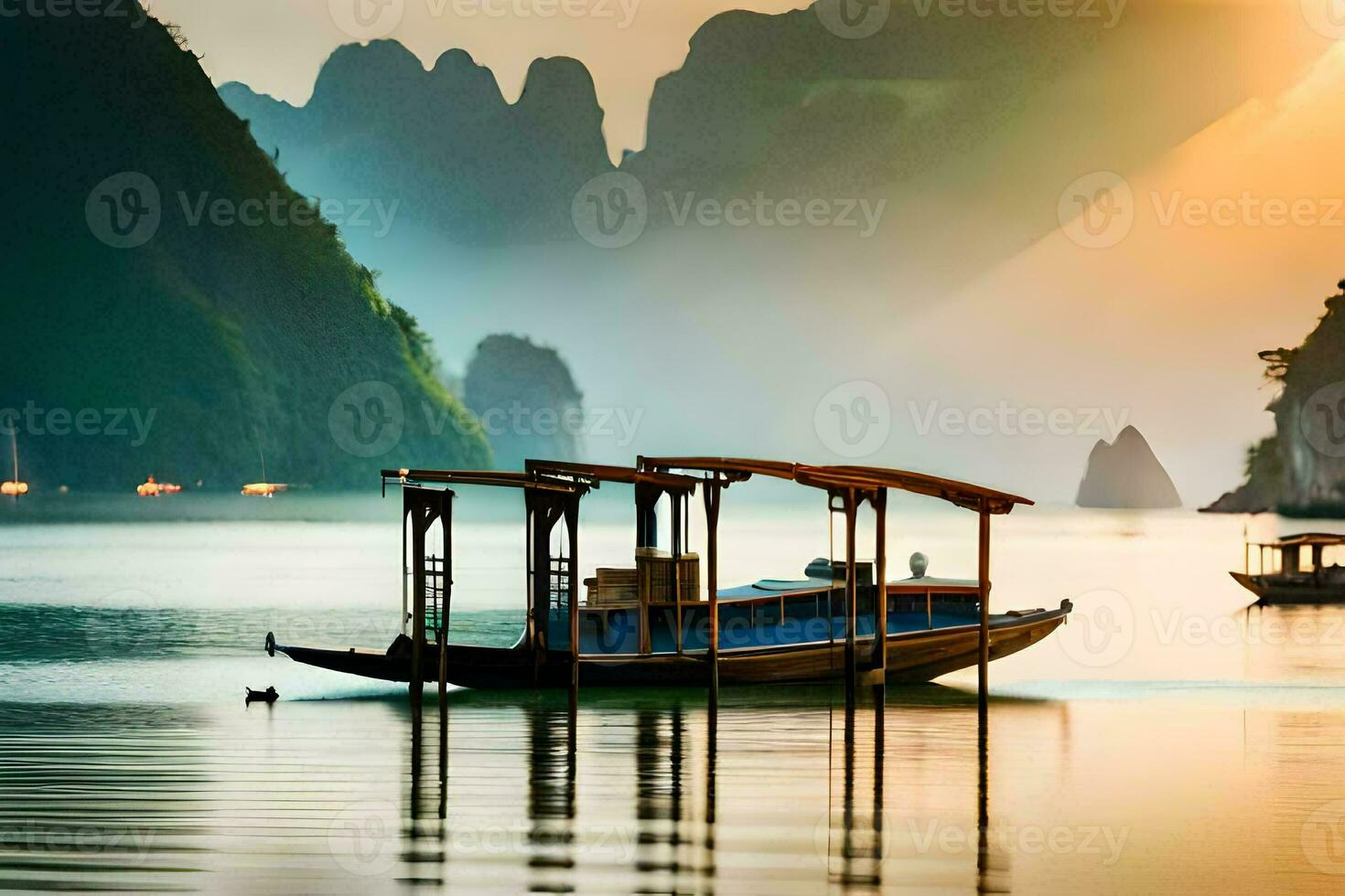 un barco es flotante en el agua cerca montañas. generado por ai foto