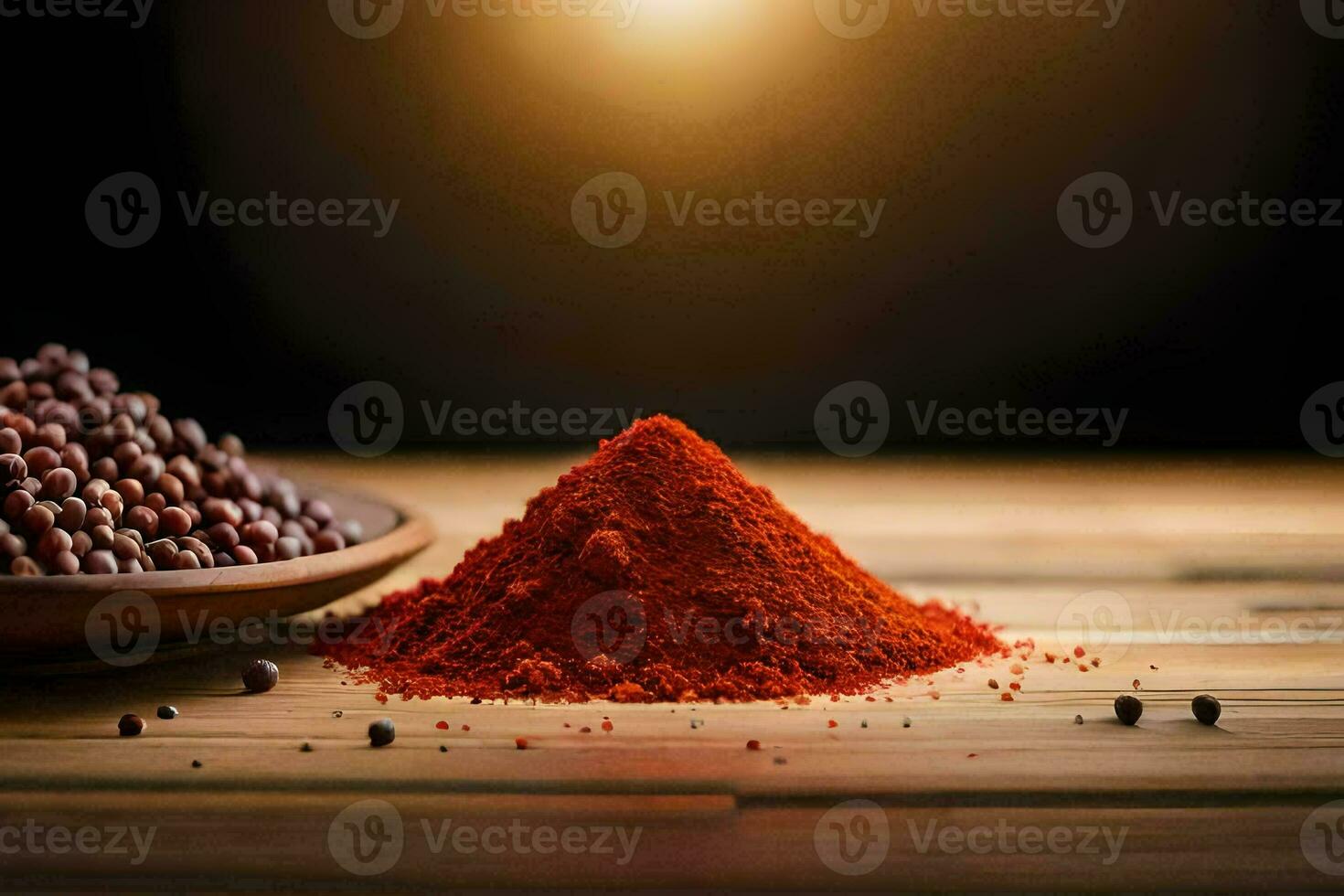 red chili powder and black pepper on a wooden table. AI-Generated photo
